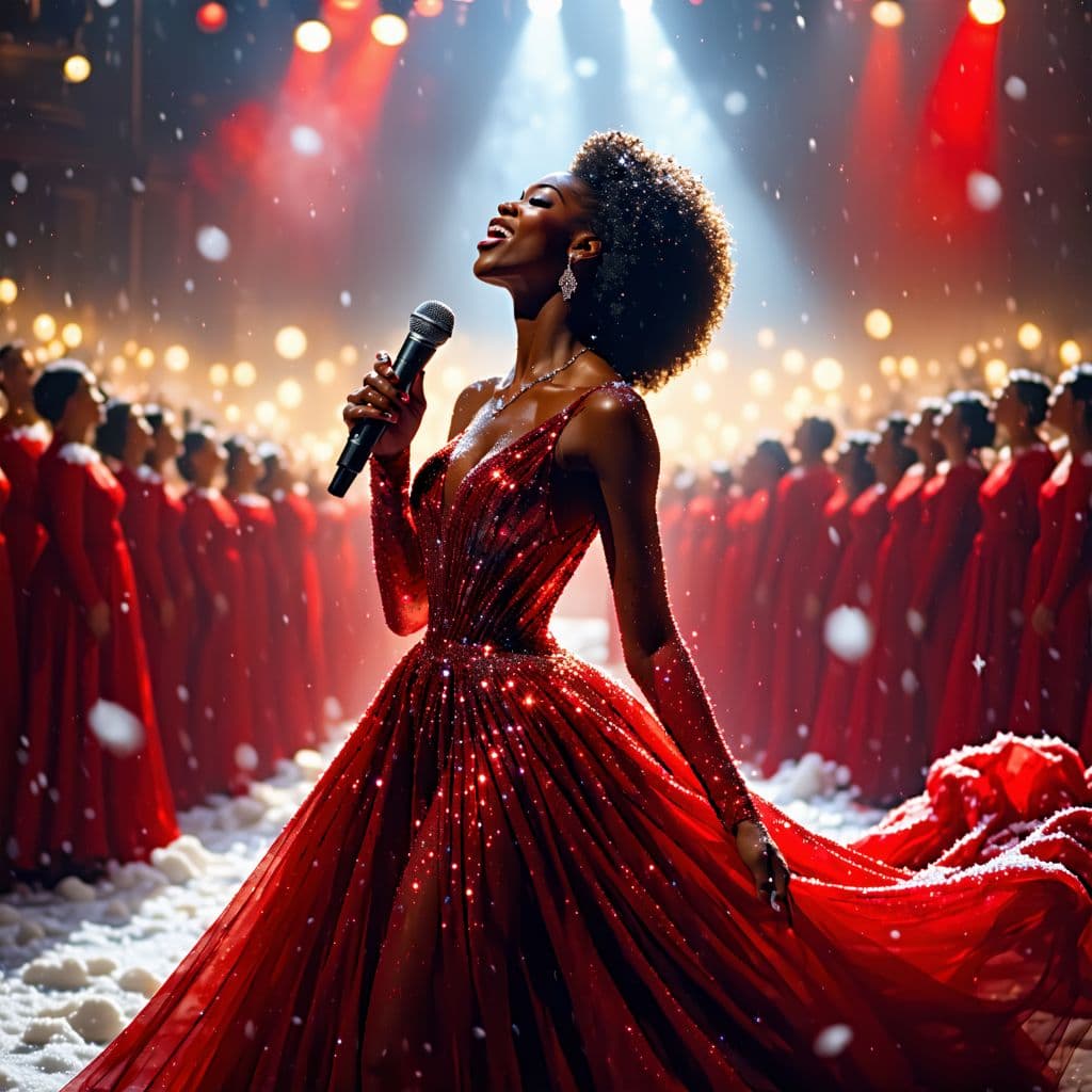 AI generated: A dazzling female superstar on stage, glamorous Christmas concert, wearing an extravagant couture go...