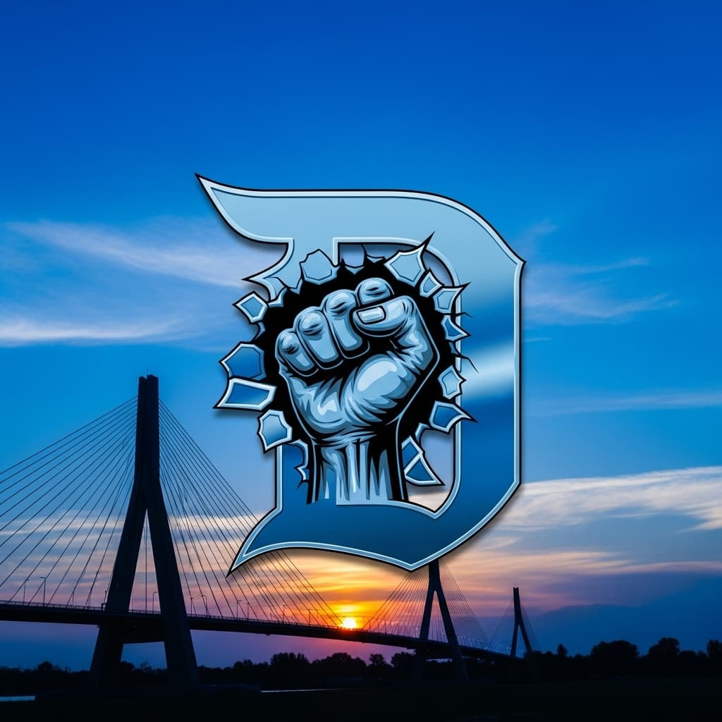 AI generated: Create a logo that features a fist breaking through an "old English" letter "D," symbolizing strengt...