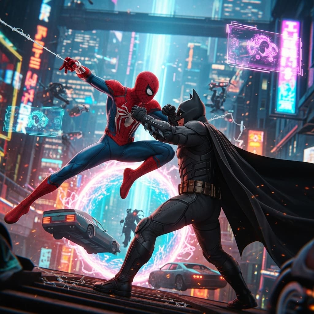 AI generated: The spiderman fight against Batman in the crazy Multi Verse in the futuristic city. Imagem 8k, Hiper...