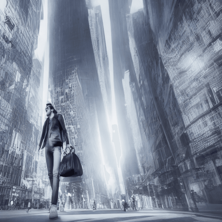 AI generated: ultra realistic modern photography of gorgeous french man walking in futuristic and modern city, cut...