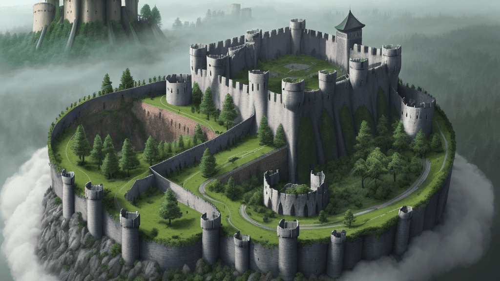 AI generated: a fortress srounded by forest
