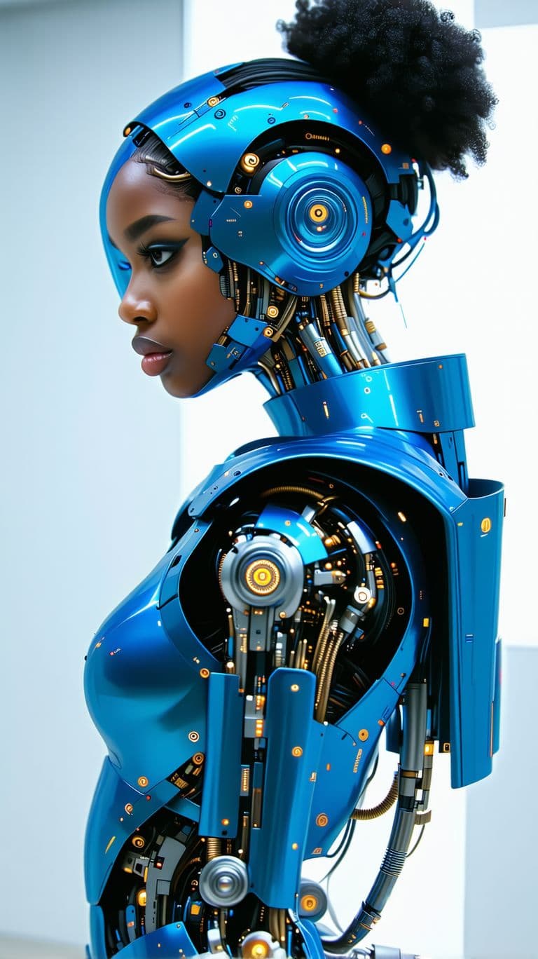 AI generated: CyborgGirl #FuturisticFashion #TechMeetsHuman #SciFiStyle #RobotChic #MetallicBeauty #AIArt #Futuris...
