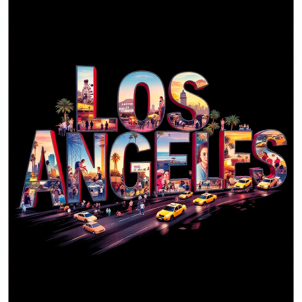 AI generated: A striking, high-contrast cinematic photo-style vertical collage that captures the essence of Los An...