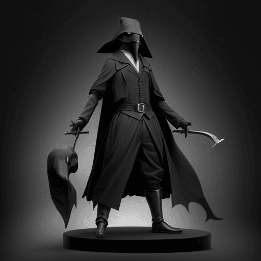 AI generated: 
"Create an image of a plague doctor confidently standing, without any missing swords, against a hig...