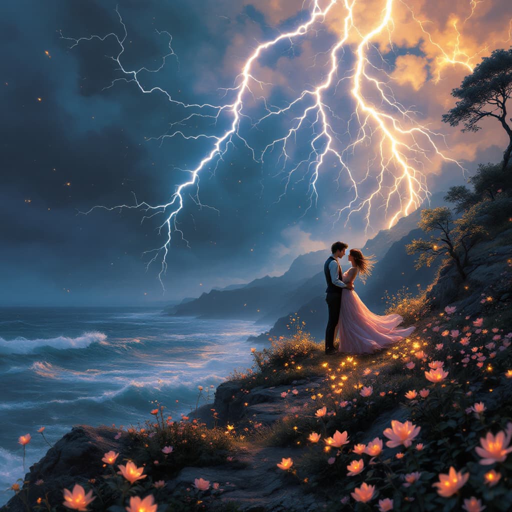 AI generated: Two lovers embrace on a windswept cliff under a stormy sky, where whimsical lightning—soft, swirling...