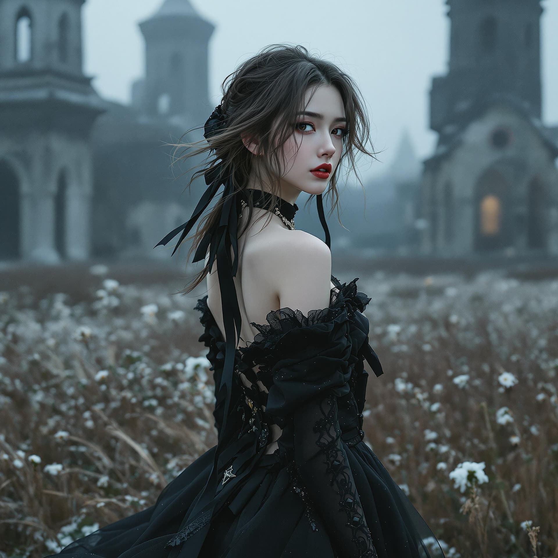 AI generated: A young korean woman with pale skin and wavy loose brunette medium hair with a black ribbon, stands ...