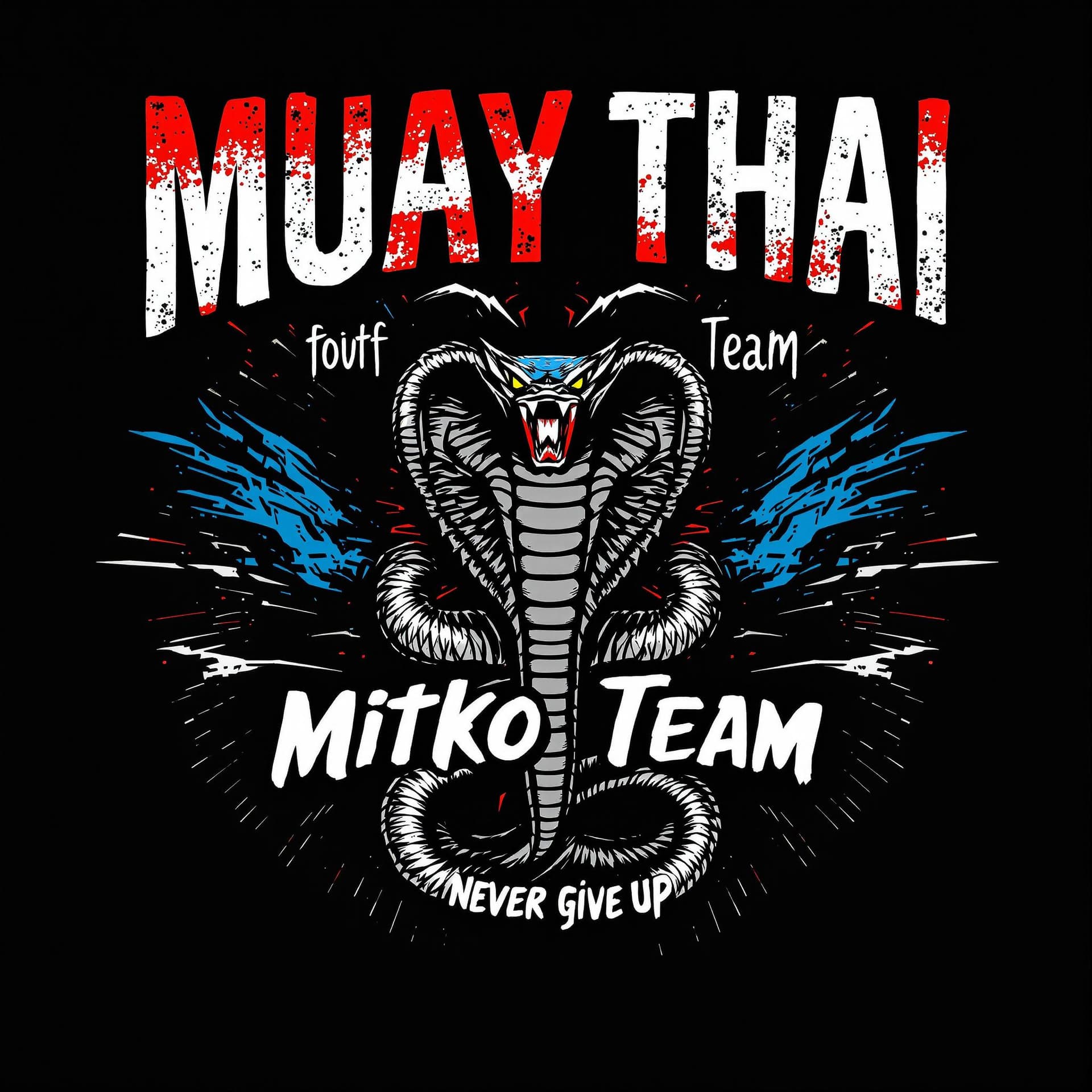 AI generated: A bold and striking design with a Muay Thai theme on a black background. The name "Muay Thai" and "M...