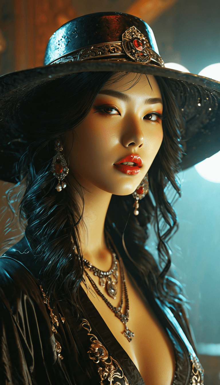 AI generated:  Korean girl embodying the essence of a vampire witch, adorned with a hat and distinctive skeletal e...