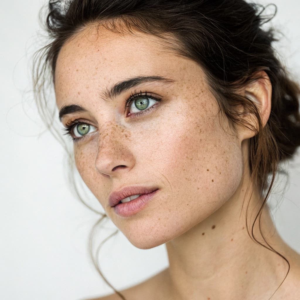 AI generated: Close-up portrait of a woman with green eyes, light freckles, and dark hair styled in loose tendrils...