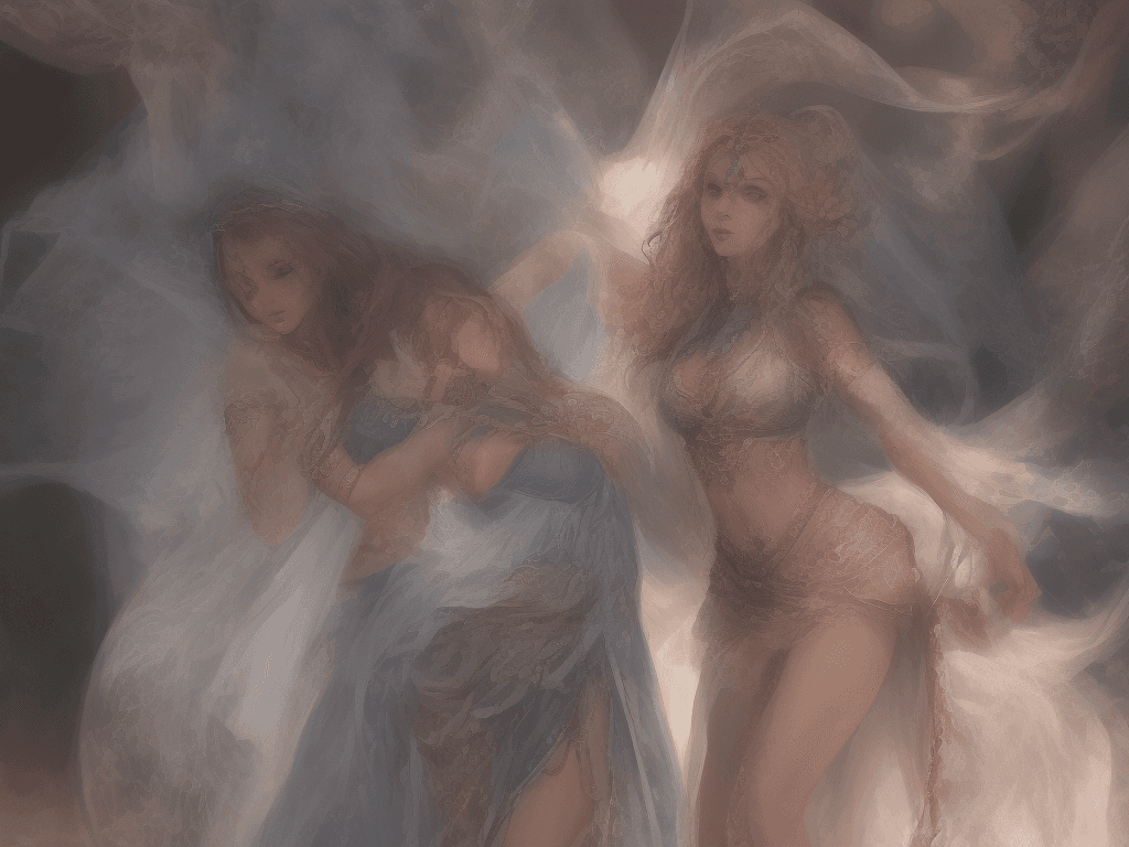 AI generated: Two alluring svelte muscular stomached women with waist length long dusty rose hair and radiant brig...