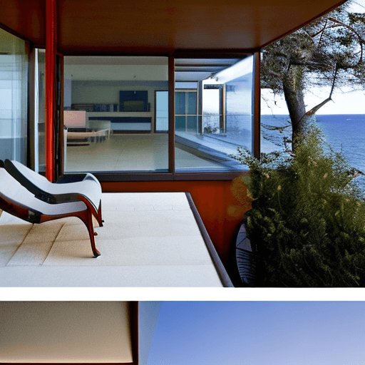 AI generated: Hyper realistic eye level exterior photo of a mid century modern style house overlooking the ocean, ...
