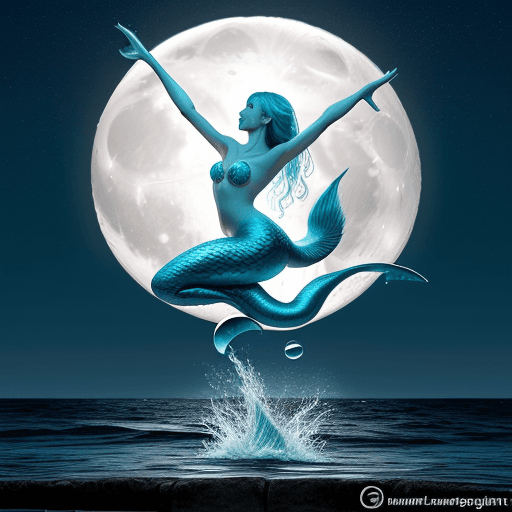 AI generated: Mermaid jumping out of water with a full moon in the background. Water streams and water droplets fo...