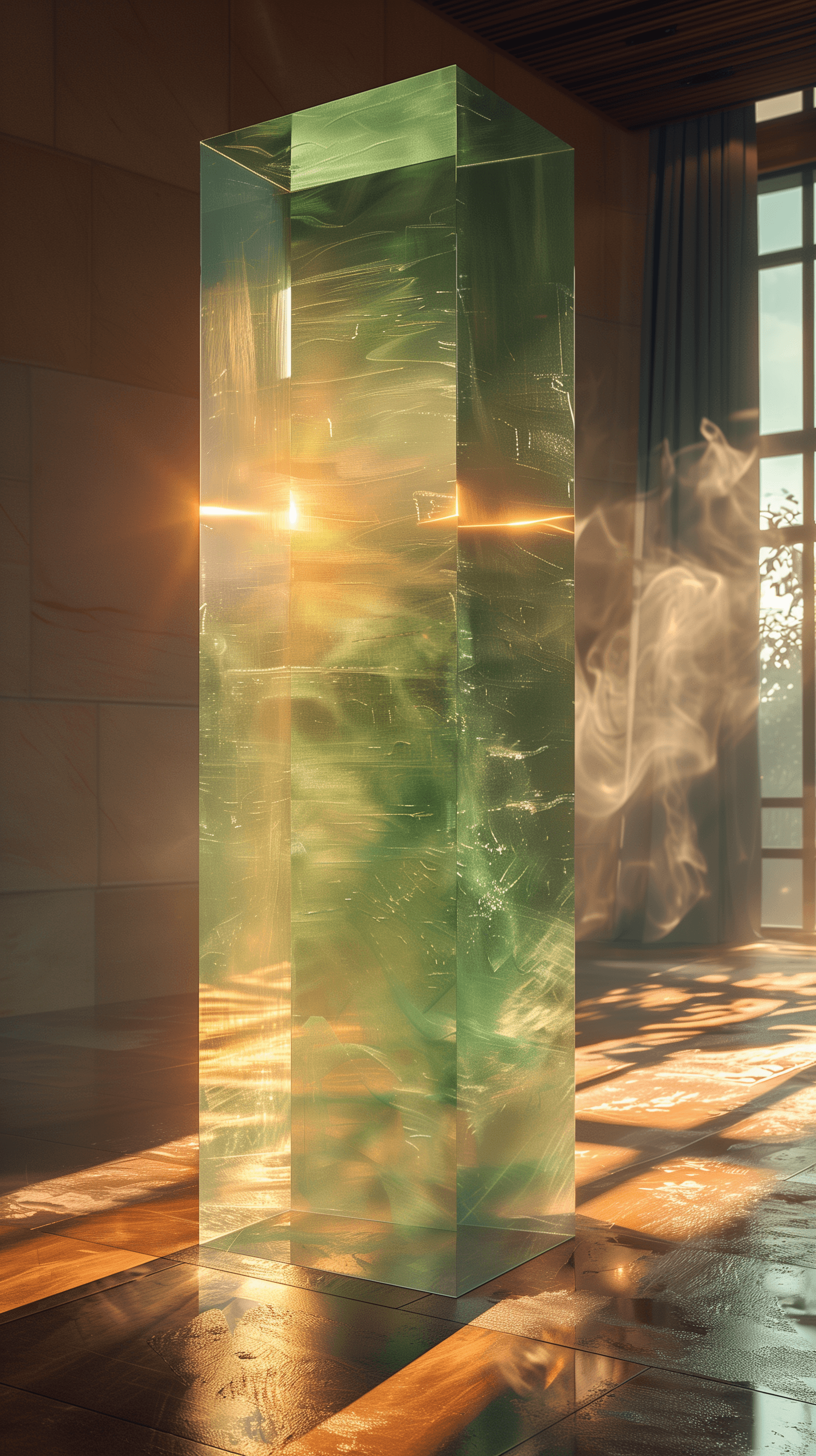 AI generated: productive photography, translucent bright light green gradation color geometry objet, visible, intr...