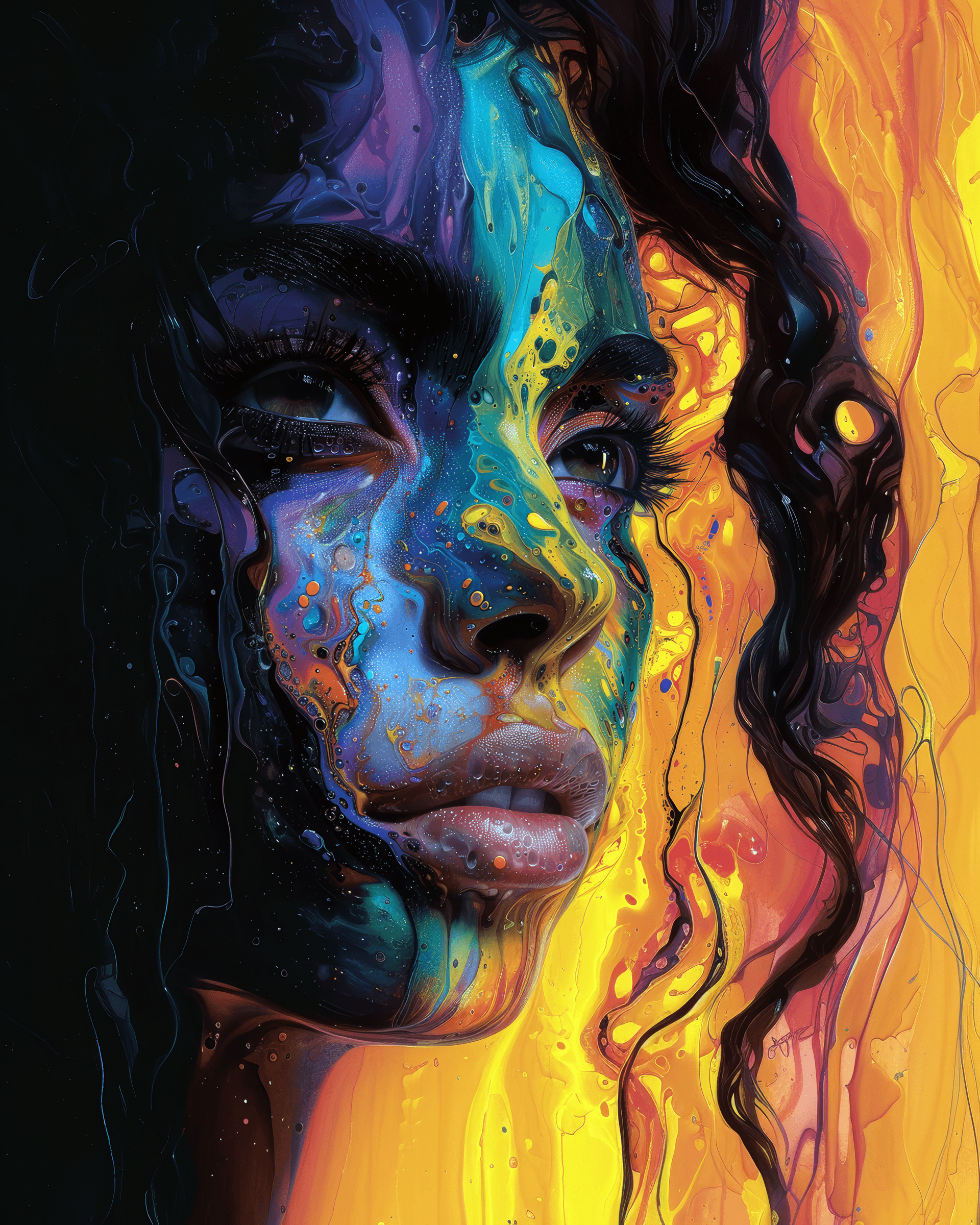 AI generated: psychedelic liquid painting, neon woman colors, green, blue cobalt, ruby red, orange, yellow, pink, ...