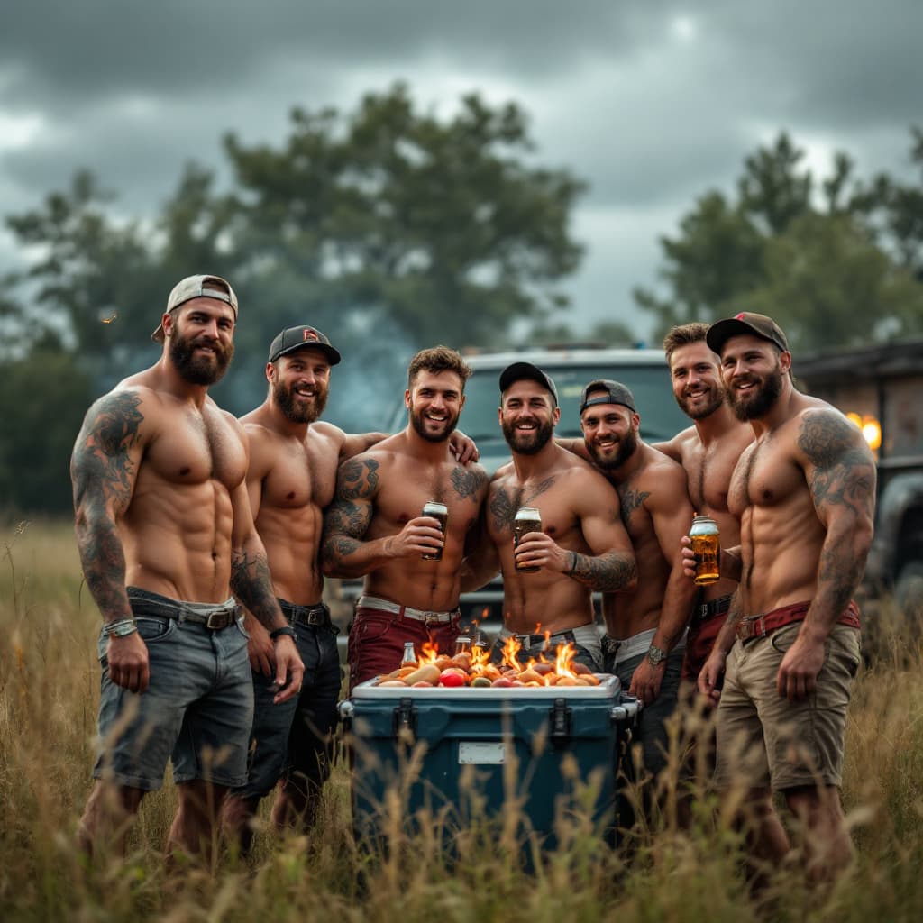 AI generated: Standing in the grass, coolers, beer, cook out, lots of hot sexy shirtless frat brothers, muscles, l...