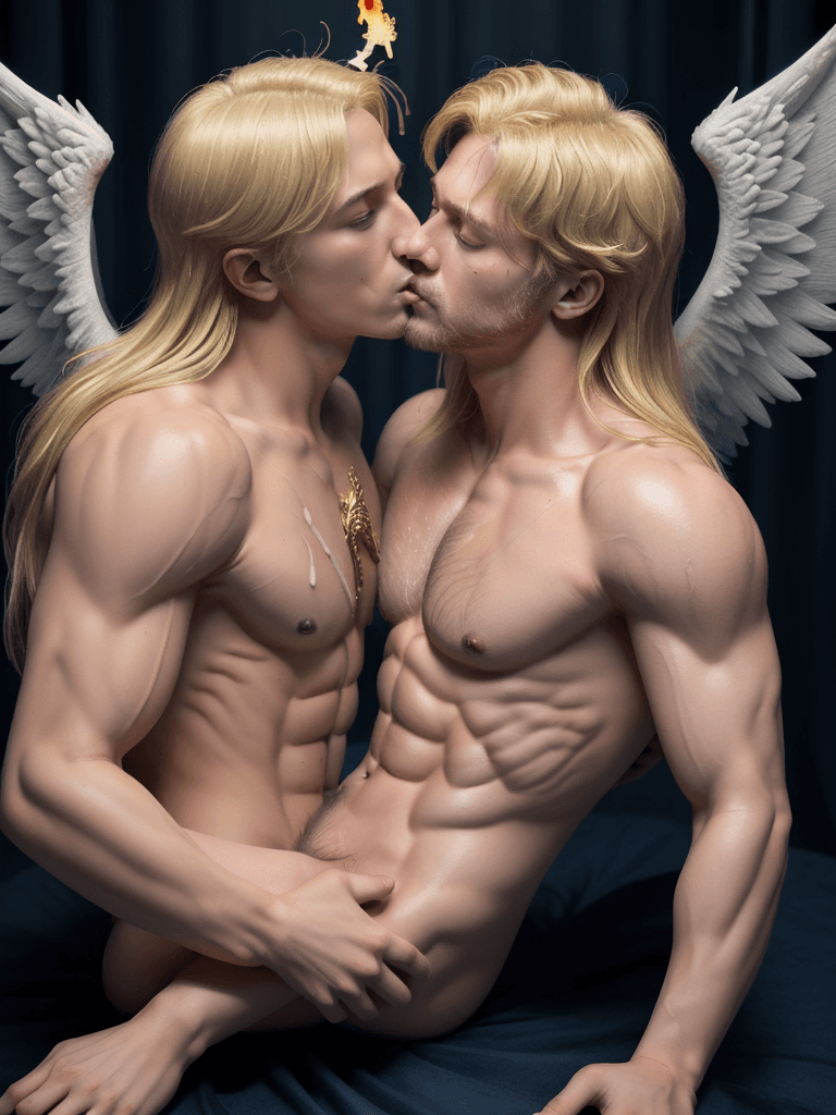 AI generated: a ((tarot card)) depicting ((a blonde Archangel)), as ((one fully bare big muscular male beast)), fu...