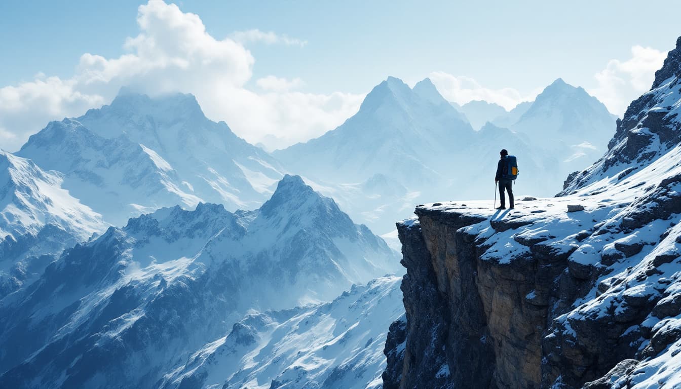 AI generated: Snow-capped mountains with a clear blue sky, a hiker standing on a cliff edge, cinematic light.