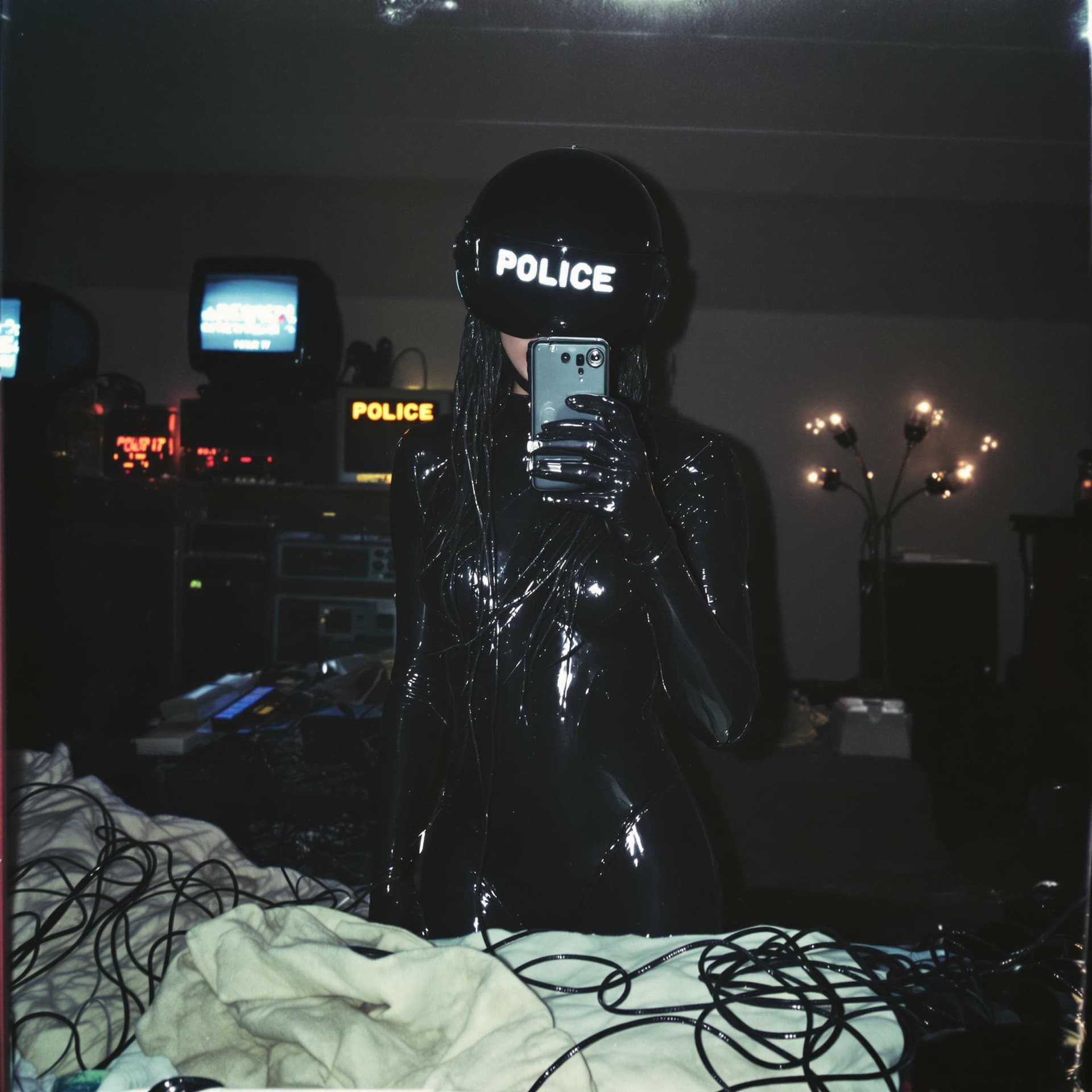 AI generated: mysterious female figure in a glossy black latex bodysuit stands in front of a mirror, capturing a s...