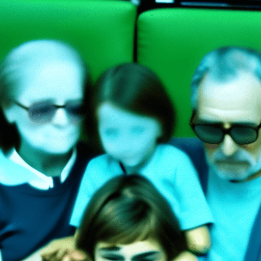 AI generated: An elderly Caucasian man with short brown hair sits on a couch surrounded by his family - a middle-a...