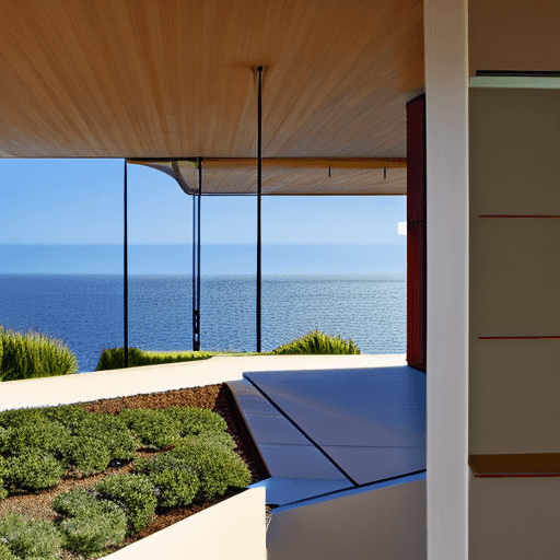 AI generated: Hyper realistic eye level exterior photo of a mid century modern style house overlooking the ocean, ...