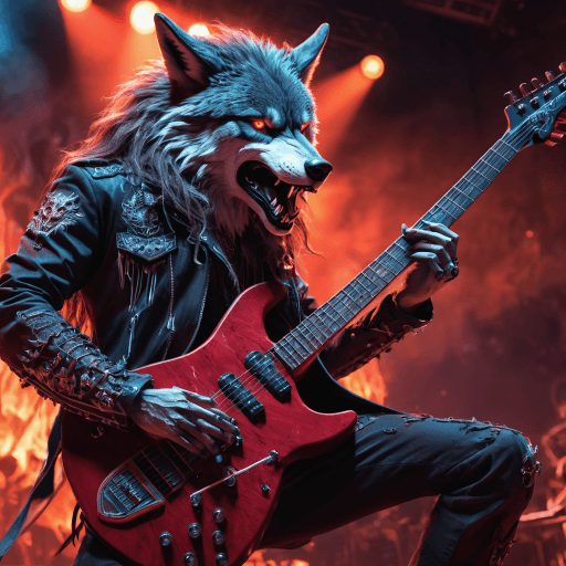 AI generated: a wolf from hell playing guitar on stage, with long hair, dressed as a rock star, cinematic, insane ...