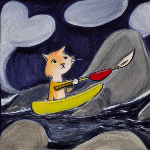 AI generated: Tove Jansson style : : storm, rocks, night, one cat in a kayak : : --hd