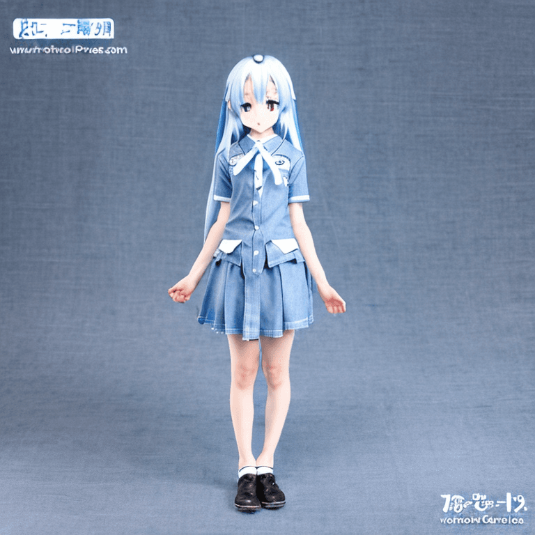 AI generated: anatomically correct, full body t-pose view of anime style wolf girl with Chambray blue and white ha...