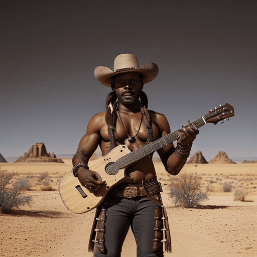 AI generated: black muscular gunslinger with two guns in his hands, in desert town, brown dreadlocks, 8k, guitare ...