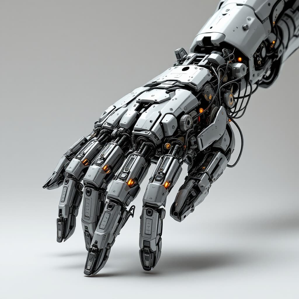 AI generated: An intricate mechanical hand with 5 fingersdesigned with futuristic aesthetics, showcasing detailed ...