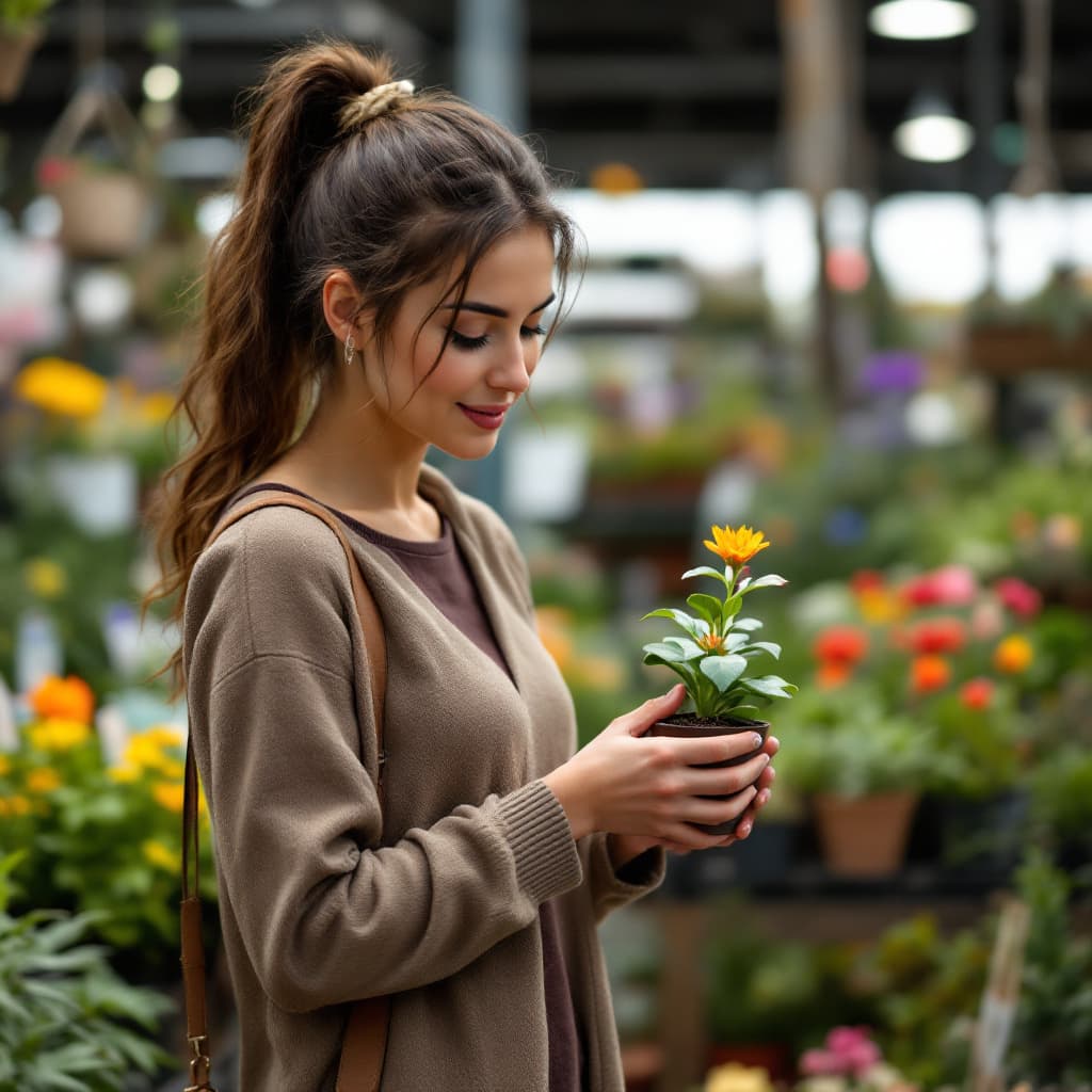 AI generated: the pertty female walking through a garden center. She picks up a small, fragile plant in a pot, the...