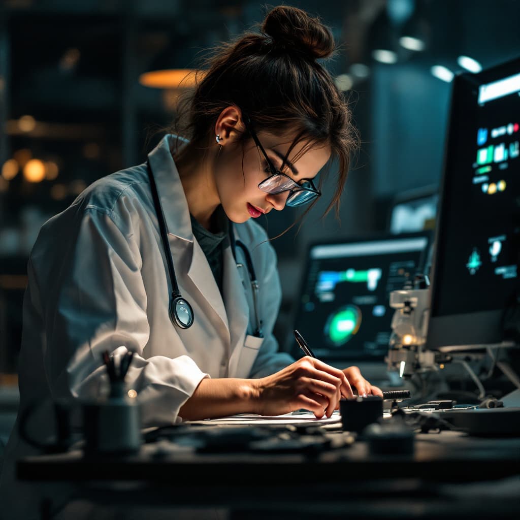 AI generated: photography 
young scientist woman working,
photorealistic, realistic light, wide angle, kinkfolk ph...