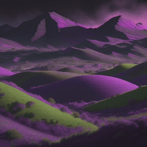 AI generated: Hills in the backround in different tones of purple, P in the center in diffrent tones of black and ...