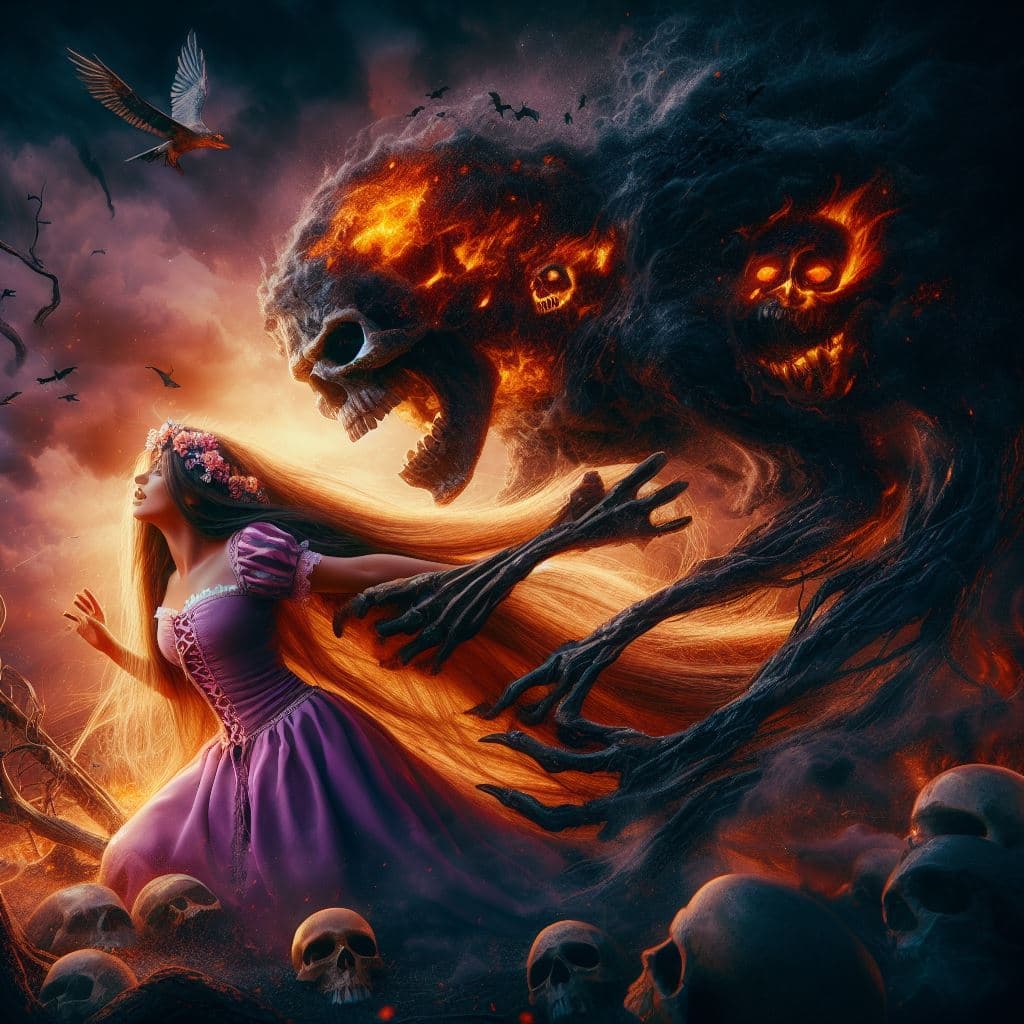 AI generated: heavy nightmare Version of Rapunzel,from the Movie Tangled, photorealism, fantasy, dynamic lighting,...