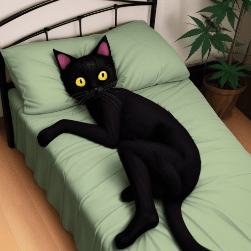 AI generated: black cat, in a bed sleeping, marijuana leafs