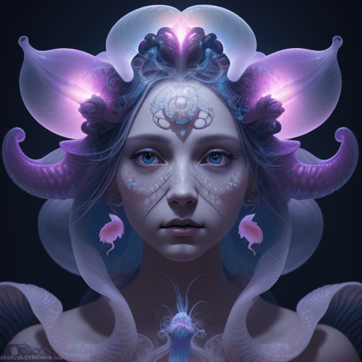 AI generated: Goddess close-up portrait ribcagel. jellyfish phoenix head, nautilus, orchid, skull, betta fish, bio...