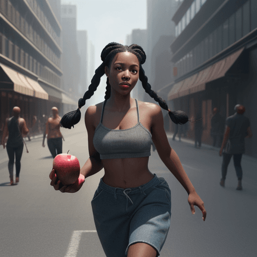 AI generated: Black girl with braids holding apples runs from people chasing her, hyper-realism, high detail, octa...