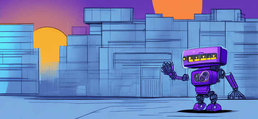 AI generated: Illustration of cute robot holding building blueprints+. high contrast, digital painting, sunset-, b...