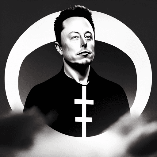 AI generated: Photo realistic portrait of Elon Musk in front of a large black flag with a white circle and a large...