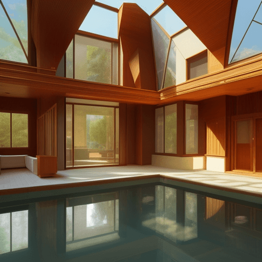 AI generated: one storey house in the style of frank lloyd wright, sunny day, in the style of light reflections, ,...