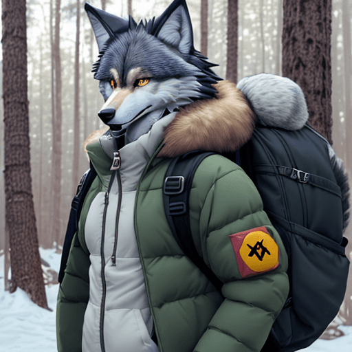 AI generated: furry, fursona, anthro, wolf male, anthropomorphic, clothed, puffy jacket, backpack, (subject on the...
