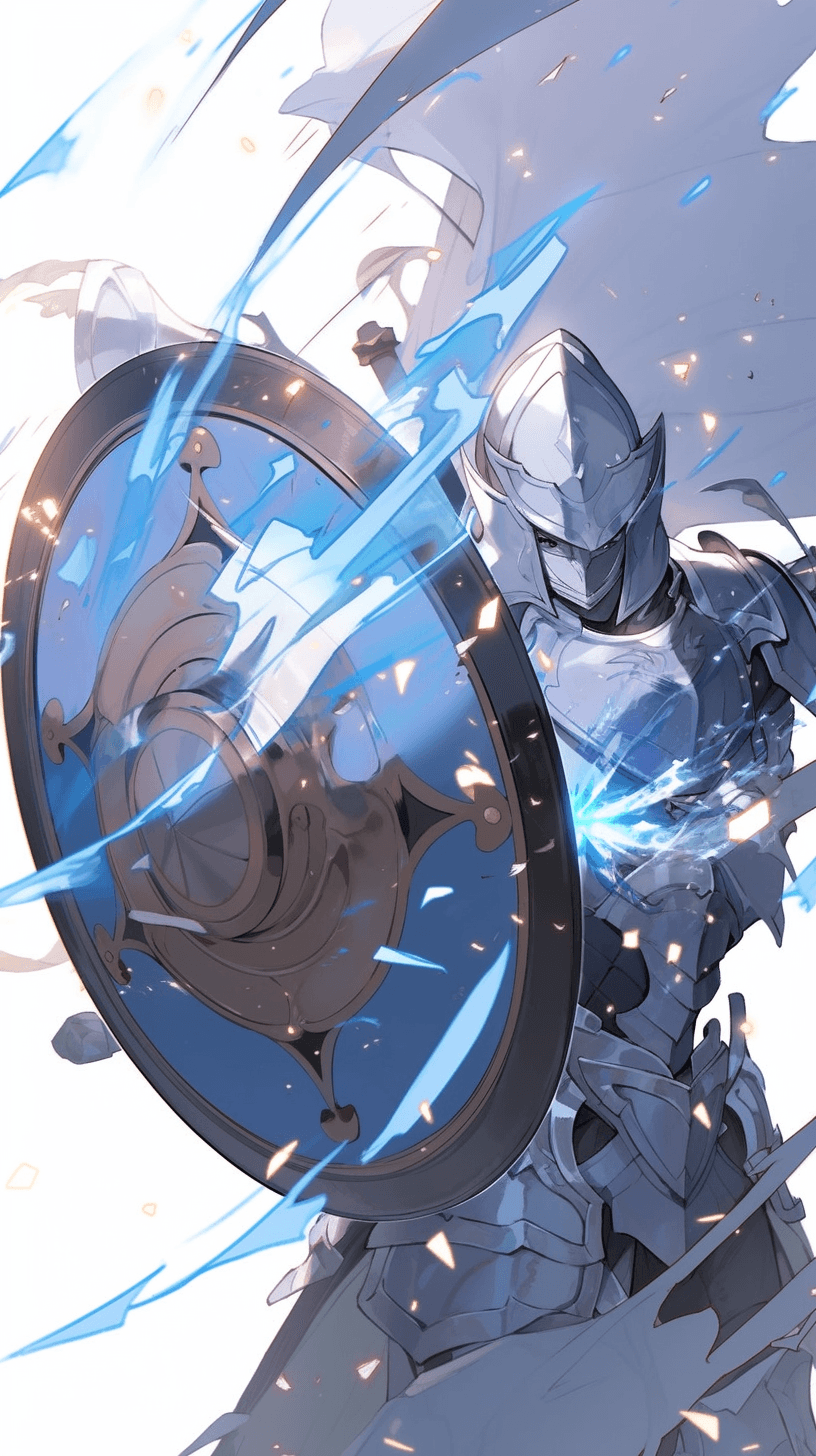 AI generated: Anime SAO. shield warrior of the brave party. A man wearing silver armor. He defends his attacks wit...