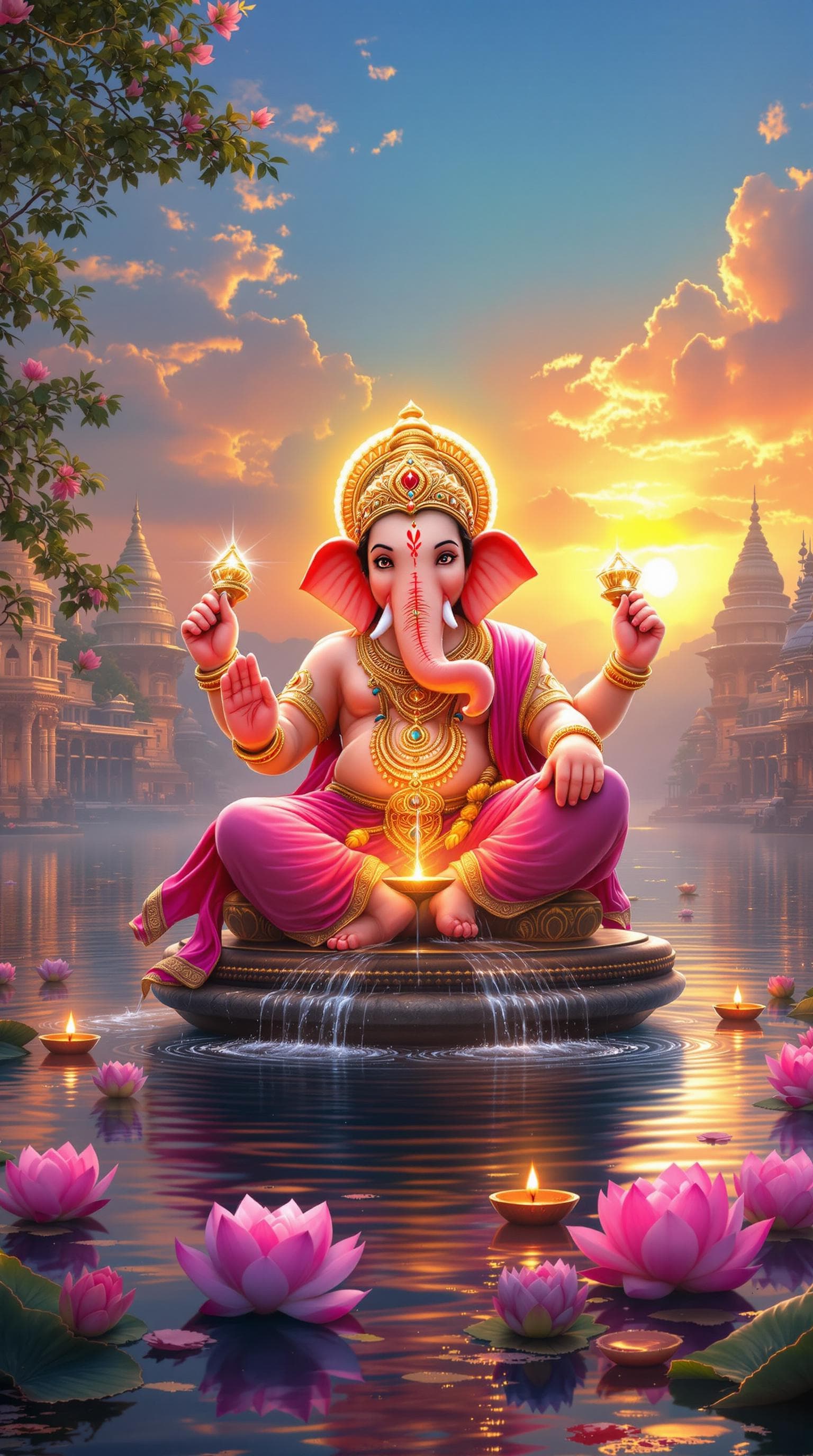 AI generated: "A divine and hyper-realistic digital painting of Lord Ganesha performing Jalabhishek on a sacred Sh...