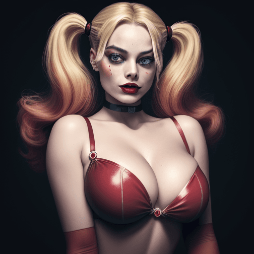 AI generated: Photo of Margot Robbie as Harley Quinn, big boobs cleavage, Ultra detailed, perfect face, Perfect Qu...