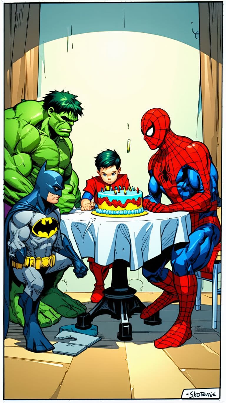 AI generated: (Art by Skottie Young:4), (Aesthetics of birthday party:2), one The Incredible Hulk, one ((Robin)), ...