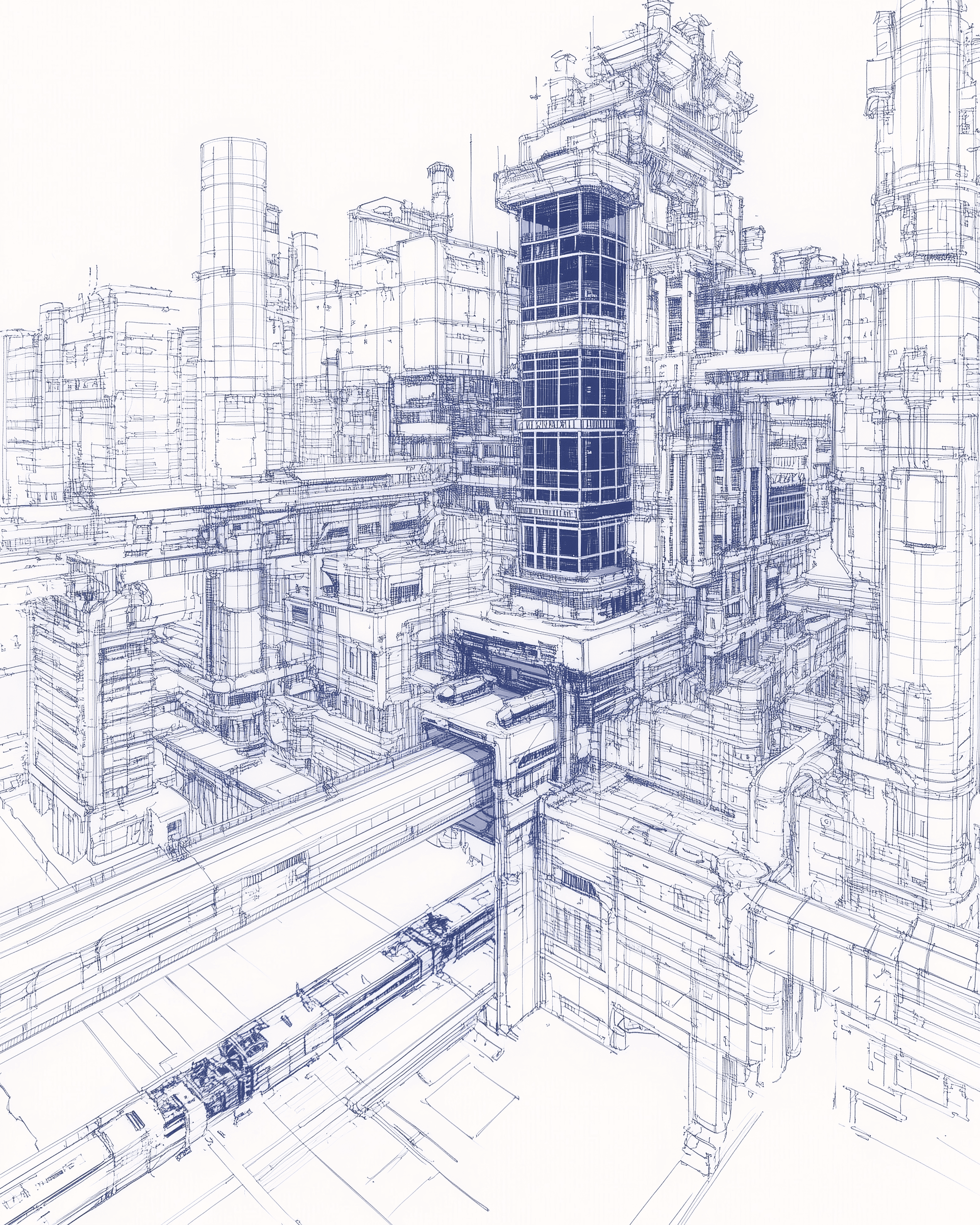 AI generated: isometric, multiple layers of futuristic city on one side and massive space station with large windo...