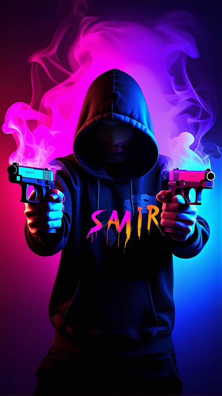 AI generated: dark with RGB neon lights background, BrutAL man wearing hoody, holding dual 9mm handguns, "SAMIR" w...