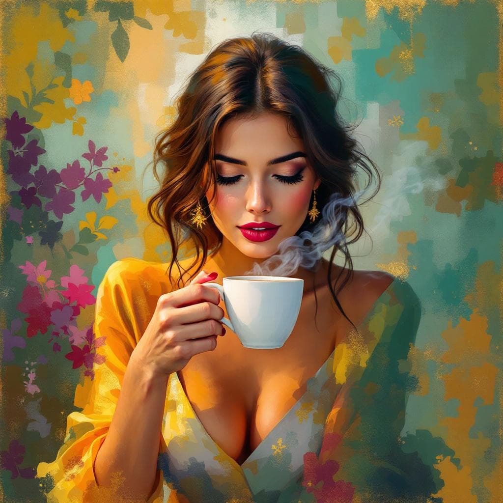 AI generated: A woman elegantly drinking coffee, expressed through Vibrant Chromatic Resonance, where colors vibra...