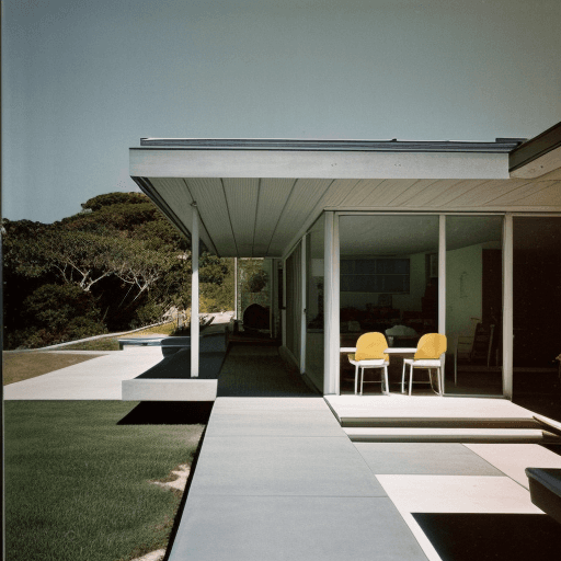 AI generated: Hyper realistic eye level exterior photo of a mid century modern style house overlooking the ocean, ...