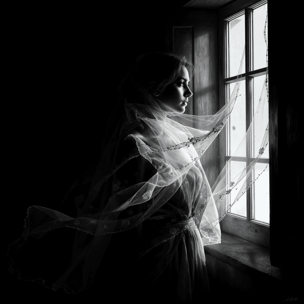 AI generated: A black and white illustration of a solitary woman standing by an open window, with a long sheer vei...
