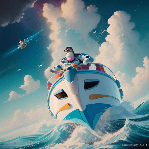 AI generated: Disney buzz lighyear toy story character is flying in a boat around through the ocean with clouds, i...